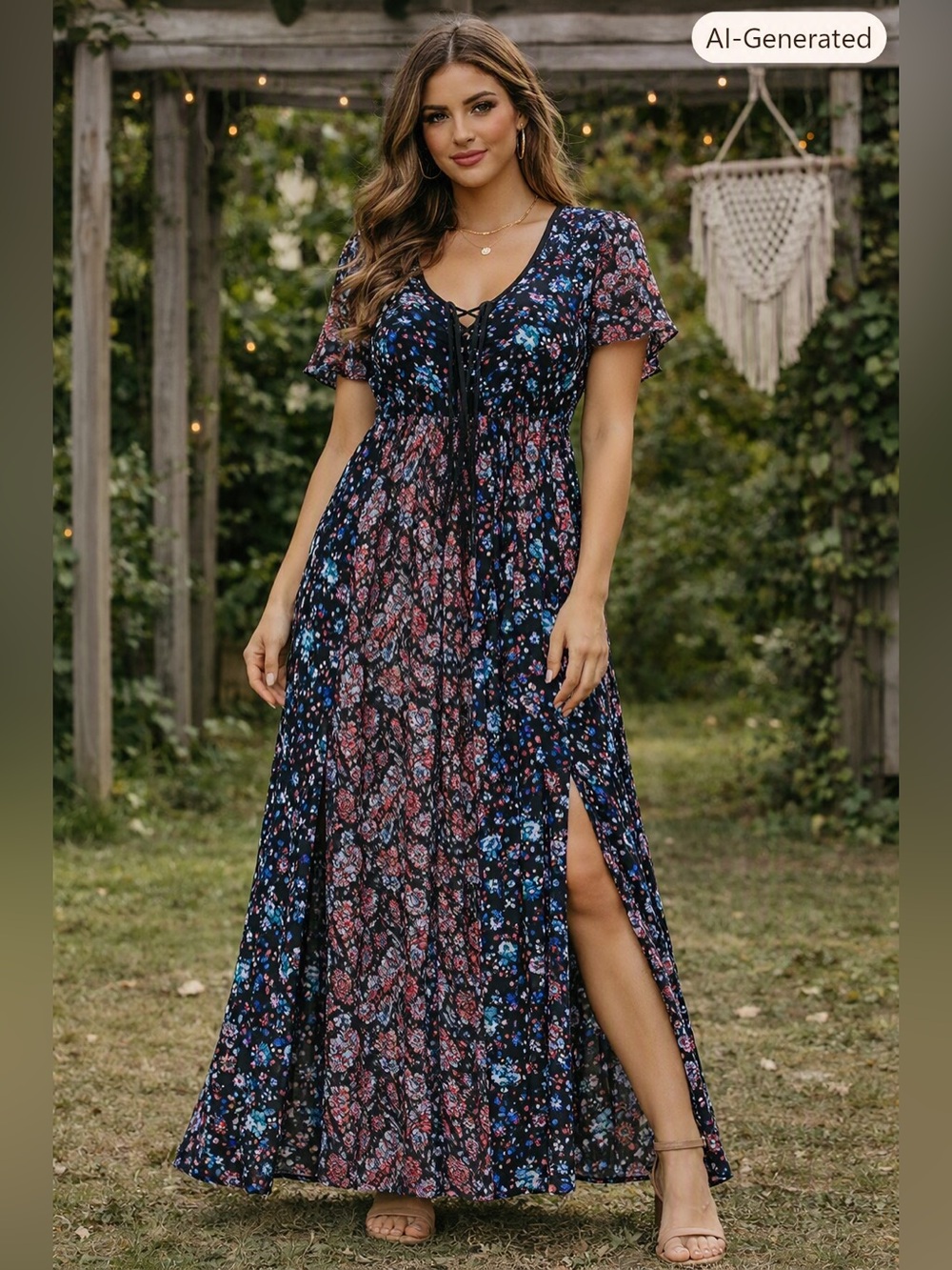 GUESS Chiffon Patchwork Floral Paisley Maxi Dress Size Large Lace Up V-Neck Boho